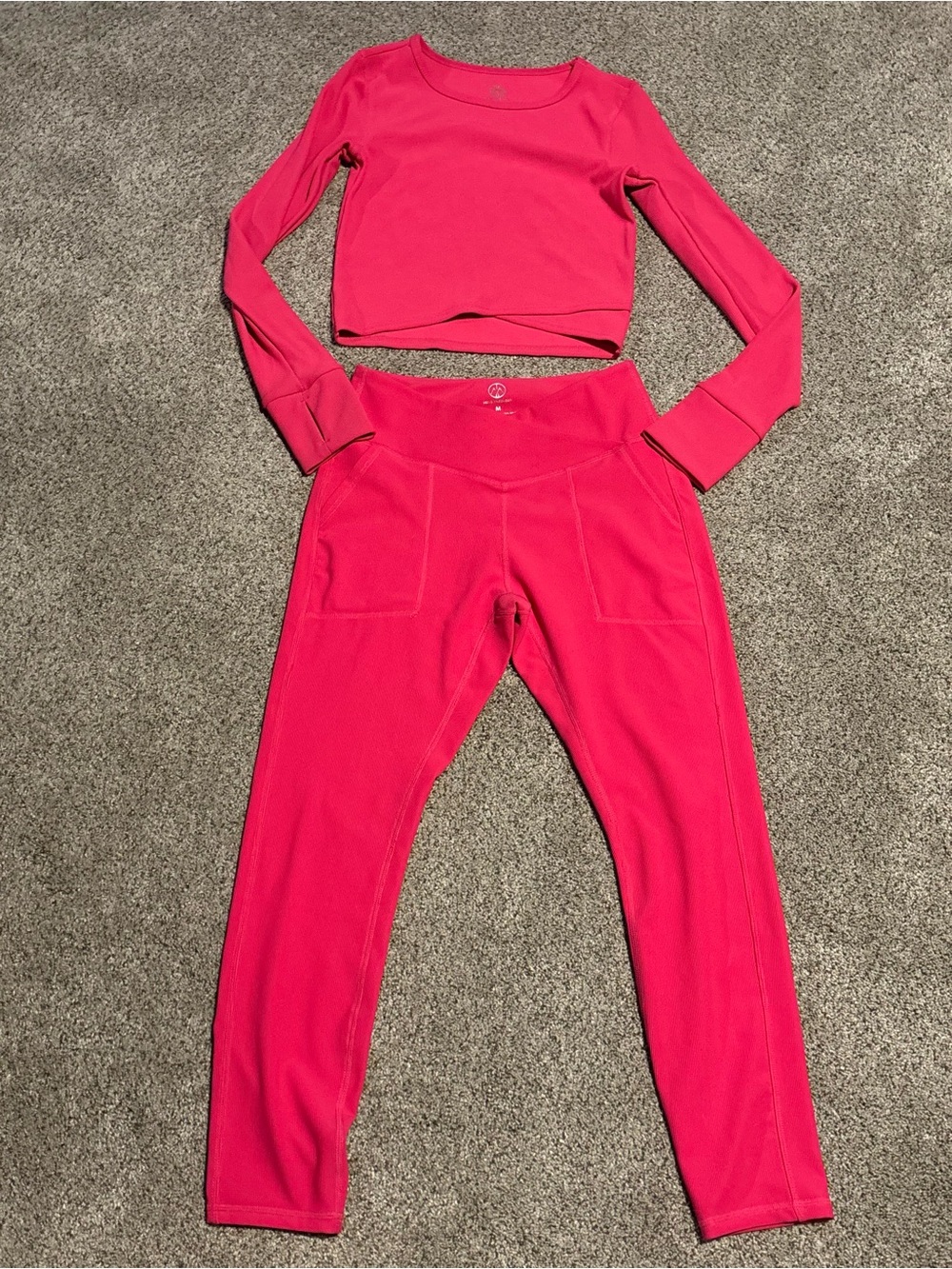 Bright Pink Long-Sleeve Crop Top and High-Waist Leggings Set